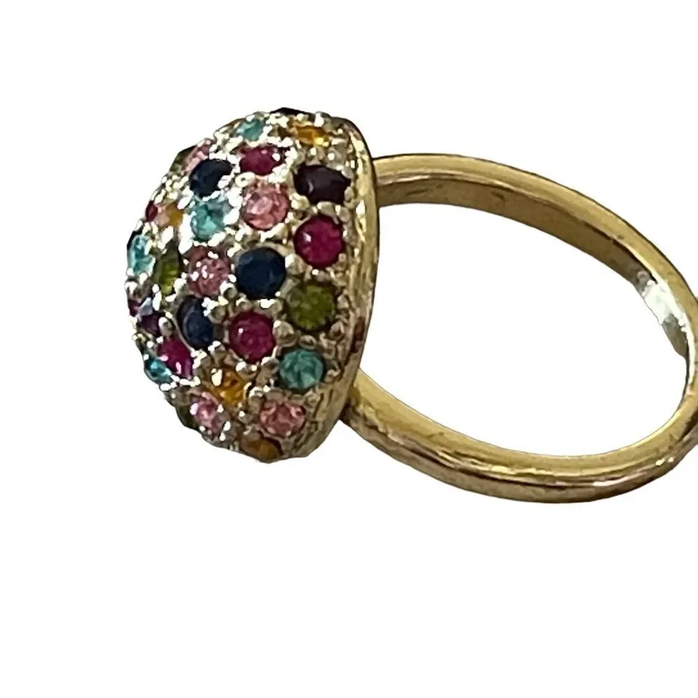 NWOT gold tone round multi colour rhinestone ring US size 6.5